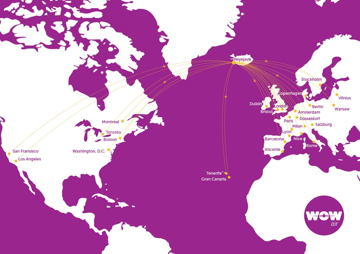 WOW Air flies to 20 locations from it's hub in Reykjavik, Iceland.