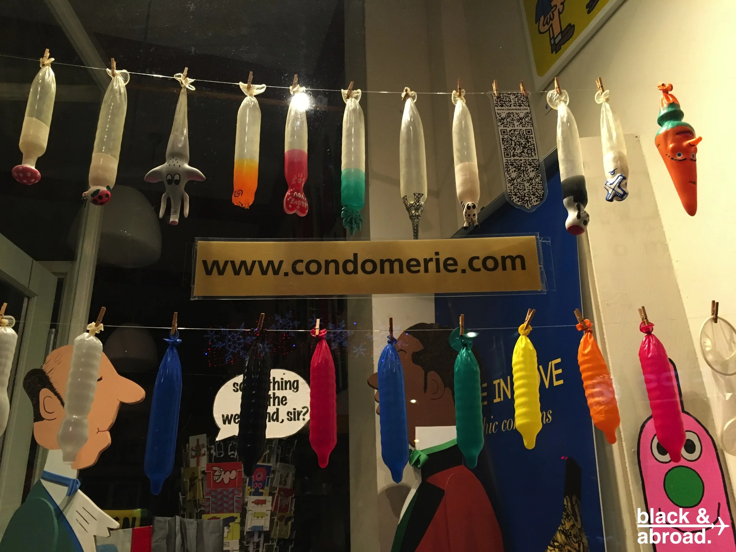 One of the many sights in the world famous Red Light District, the Condomerie.