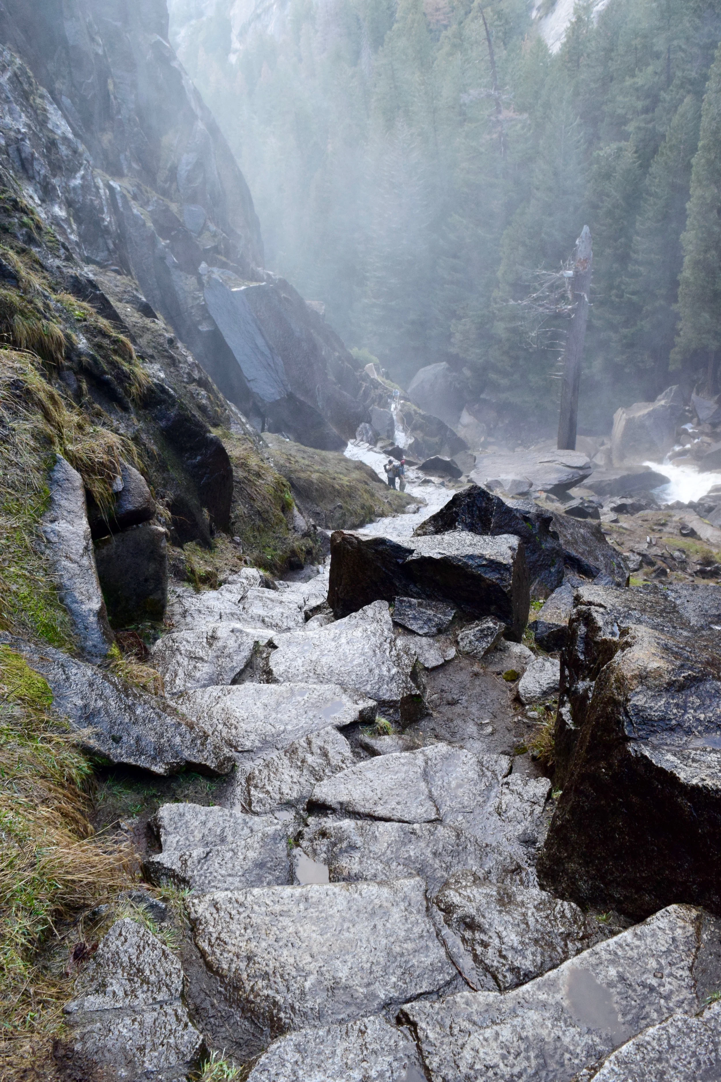 The spray from the waterfall meant that the stairs were wet and slippery. I held onto the backpack or Logan's hand basically the whole way down.
