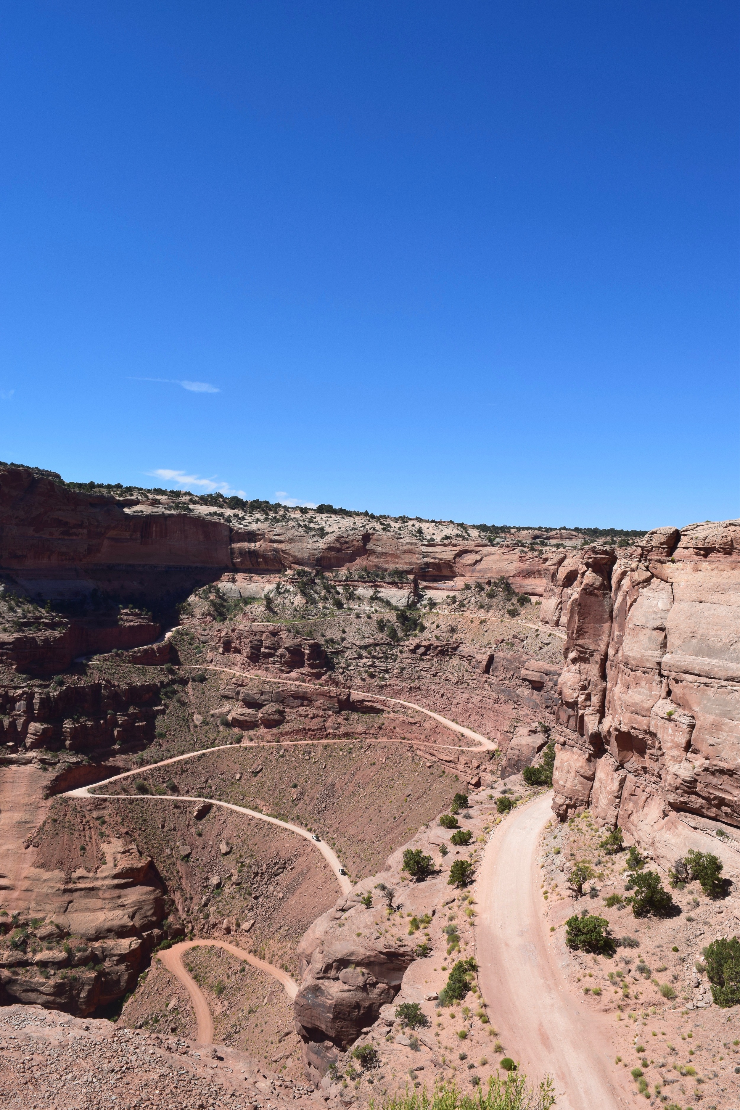 Shafer Trail (leads to White Rim Road) with two full sized jeeps for scale. This road used to be used for herding livestock, imagine making this climb/descent several times with hundreds of sheep in front of you. 