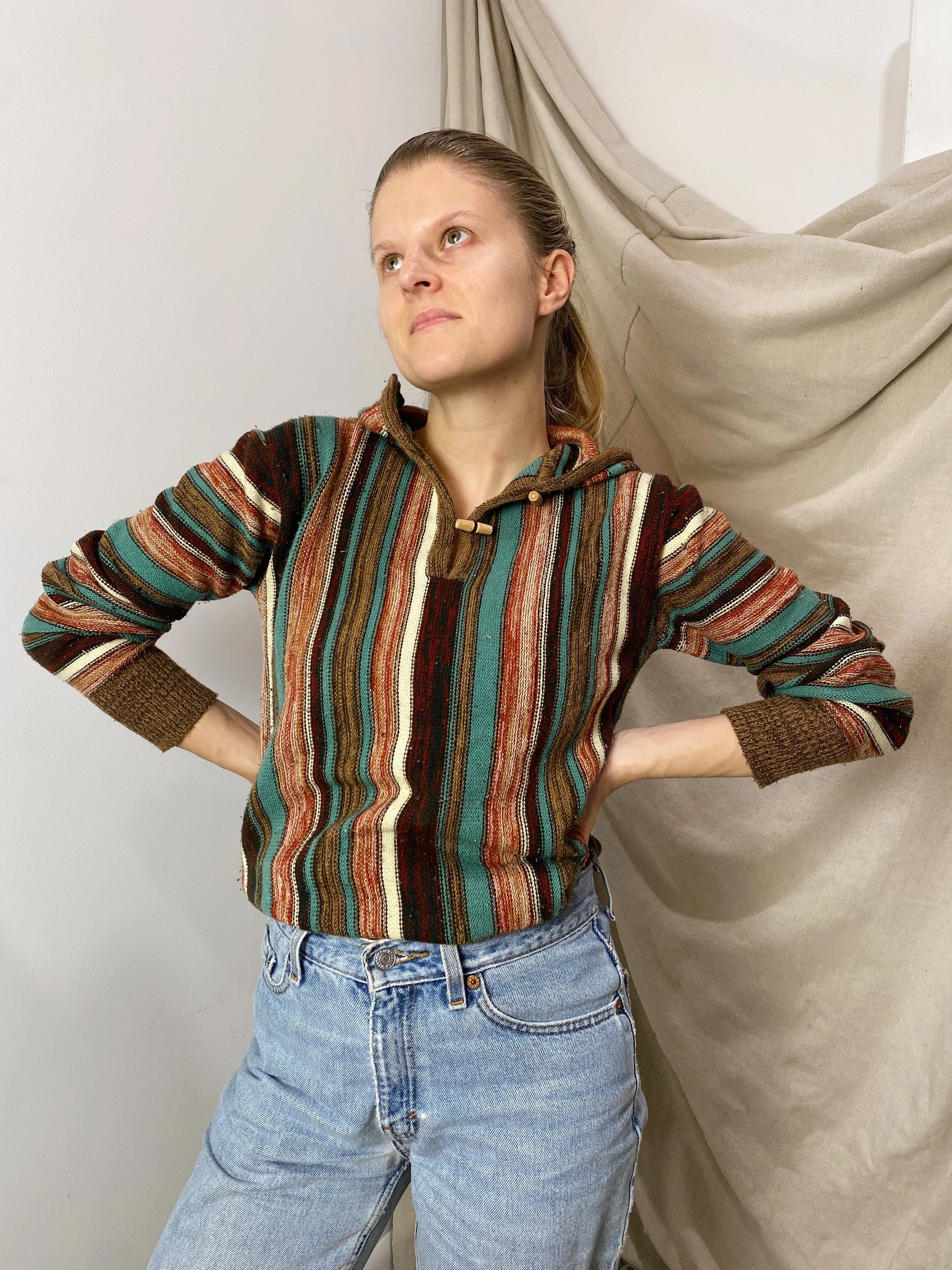 Vintage 70s Striped Hooded Sweater, S