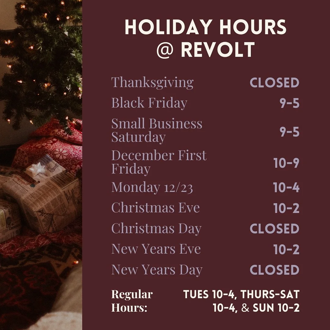 1 week til the festivities begin @ Revolt! We&rsquo;re Open 9-5 on Black Friday, 9-5 on Small Business Saturday &amp; 10-2 on Sunday.