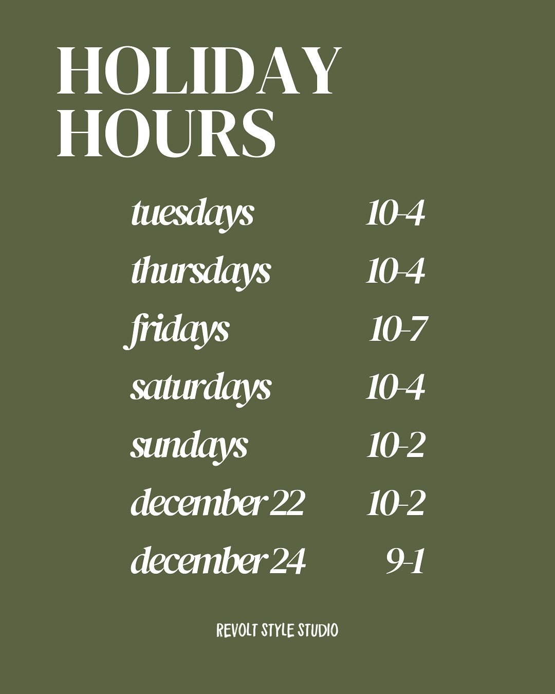 Our extended holiday hours start today! 🎄We&rsquo;re open our normal hours, PLUS we&rsquo;re open late on Fridays (10-7), and we&rsquo;ll be open Monday December 22 from 10-2 and Christmas Eve from 9-1 (for all the last minute shoppers 😉).