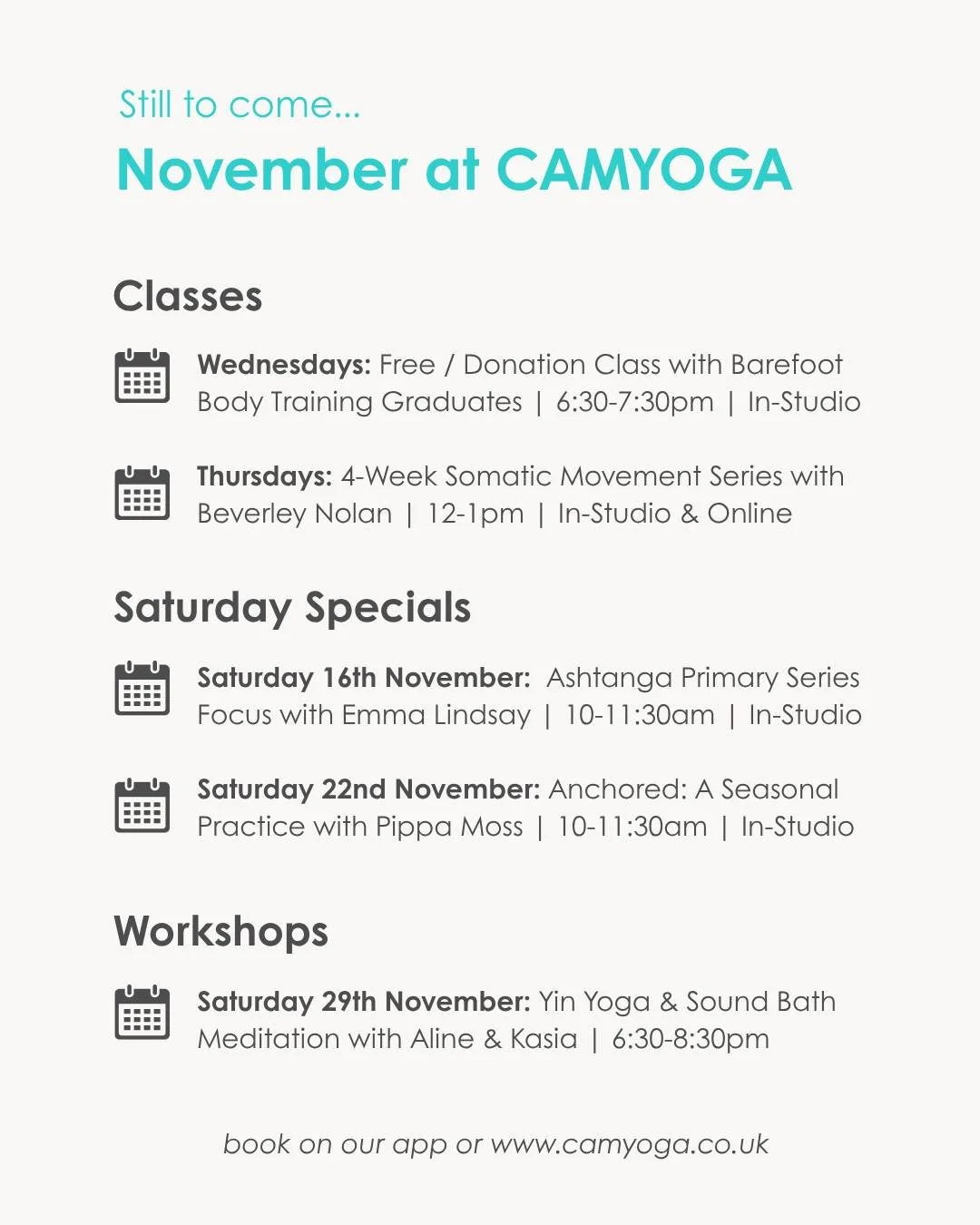 The rest of November is packed with opportunities to deepen your practice, find rest, and connect. Here is your schedule update:

✨Weekly Classes
📆Wednesdays: Free / Donation Class with Barefoot Body Training Graduates | 6:30-7:30pm | In-Studio

📆T