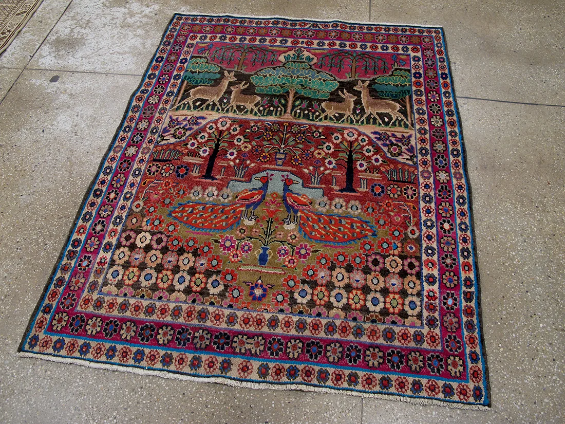 Vintage Persian Mashad Pictorial Rug 4'1"X5'1"