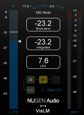 Nugen´s VisLM Plugin operating in EBU mode. You can see all the common EBU features including all time windows, loudness range and a gate indicator.