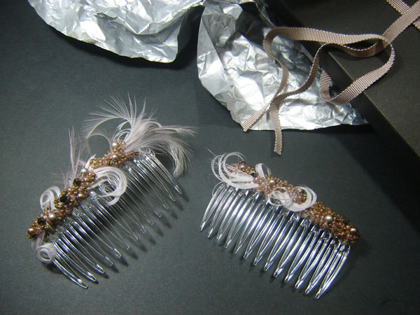 Mink feather and bead hair combs