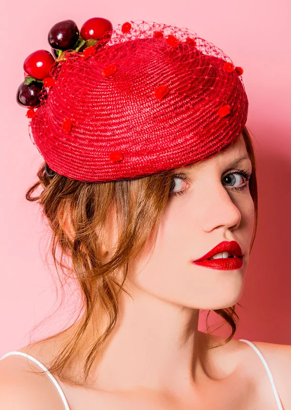 Red straw hat with cherries and veil