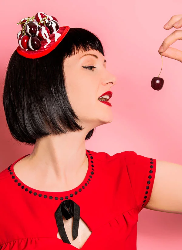 Red straw mini hat - cherries and cream