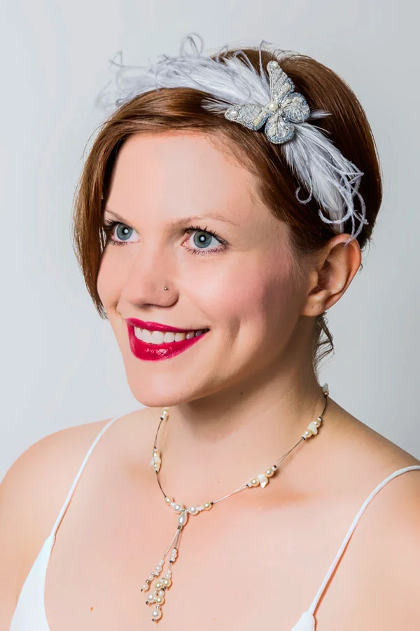 Grey and cream butterfly and feather hairband
