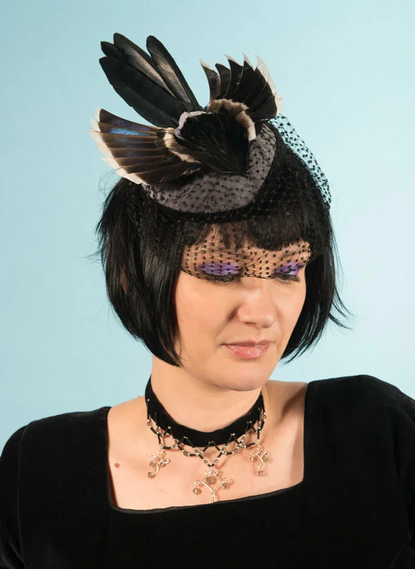 Gothic grey velvet cocktail hat with feather bird and vintage veil