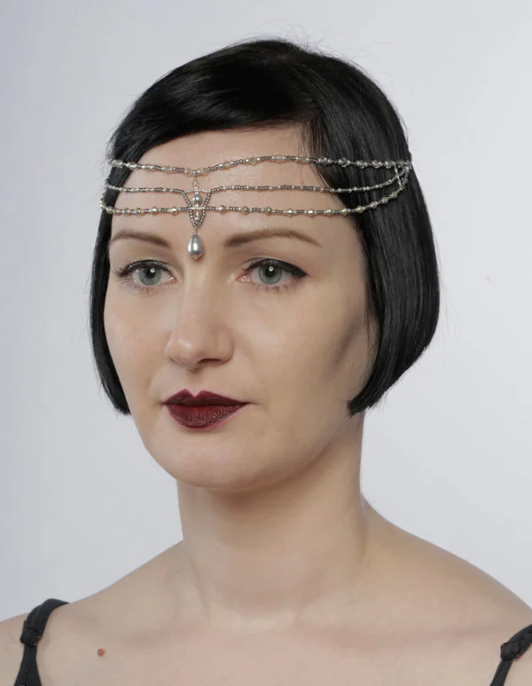 1920s grey pearl beaded forehead chain