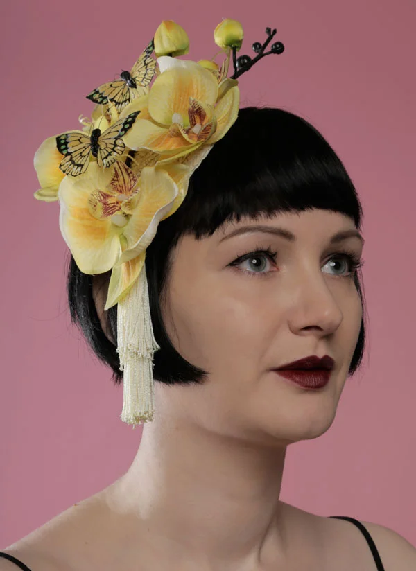 Yellow orchid straw hat with butterflies