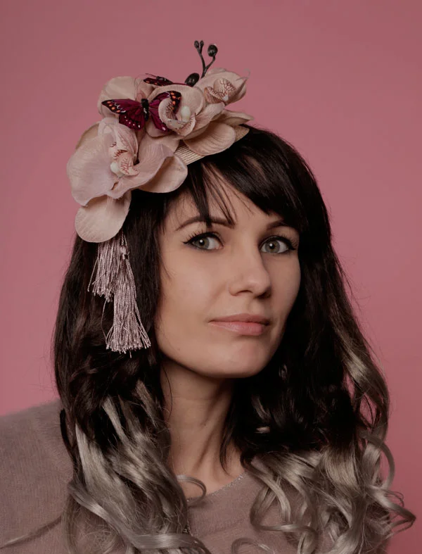 Pink - beige orchid hat with butterflies and tassels