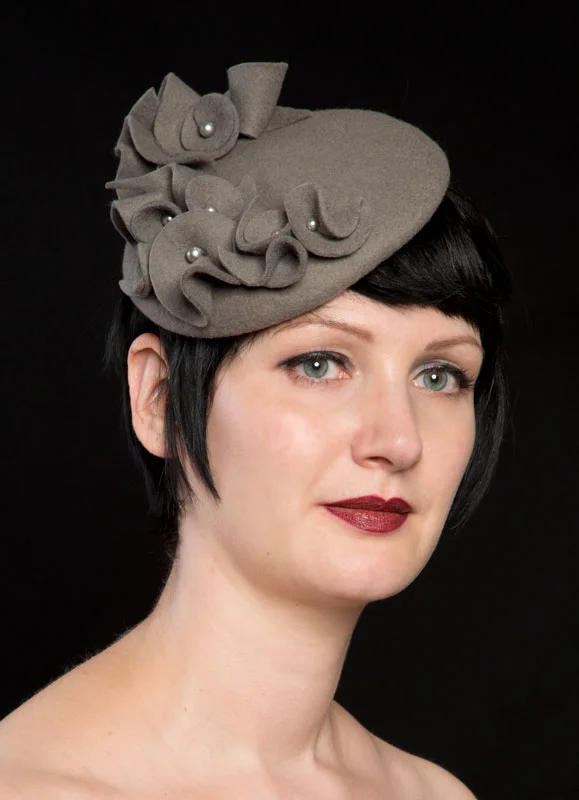 Grey felt swirls and pearls hat