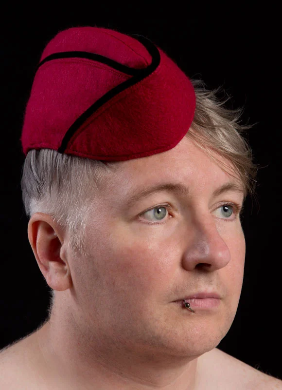 Red felt men's military cap with black velvet trim