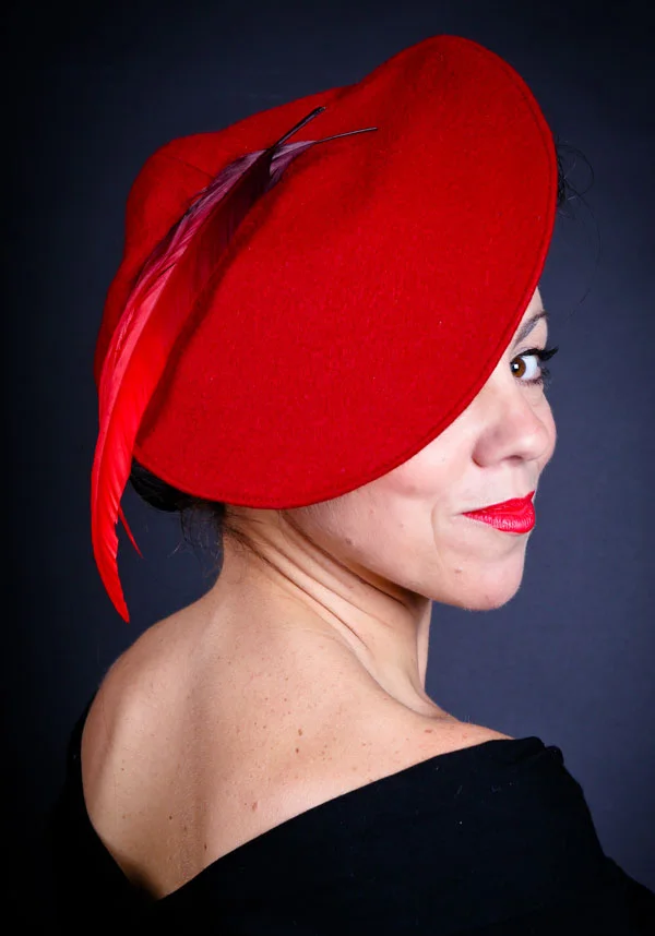 Red 1930s beret with feathers