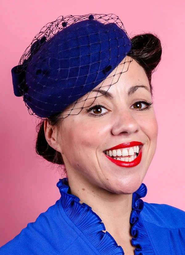 50s style blue wool hat with bow and veil