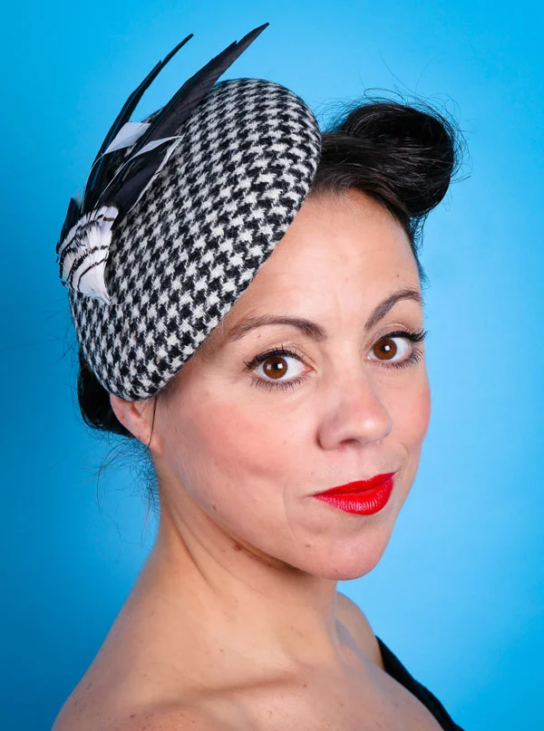 Black and white check tweed hat with bird
