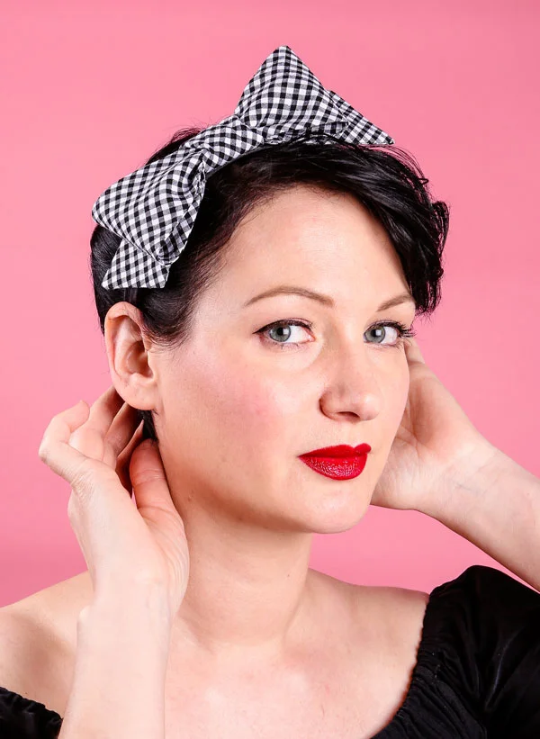 Black white gingham retro bow band