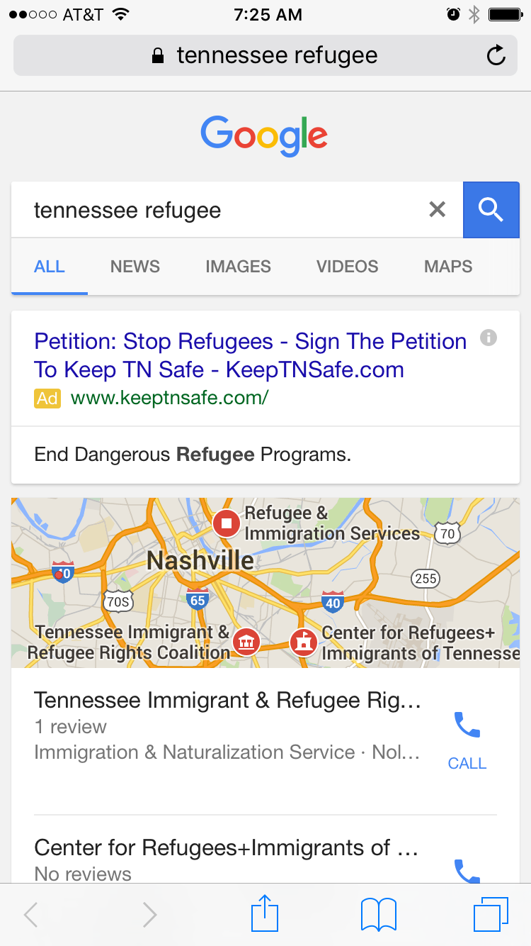 Senator sponsor Mark Norris' petition urging the Attorney General to act on SJR0467 in order to "End Dangerous Refugee Resettlement" is a advertised on Google.