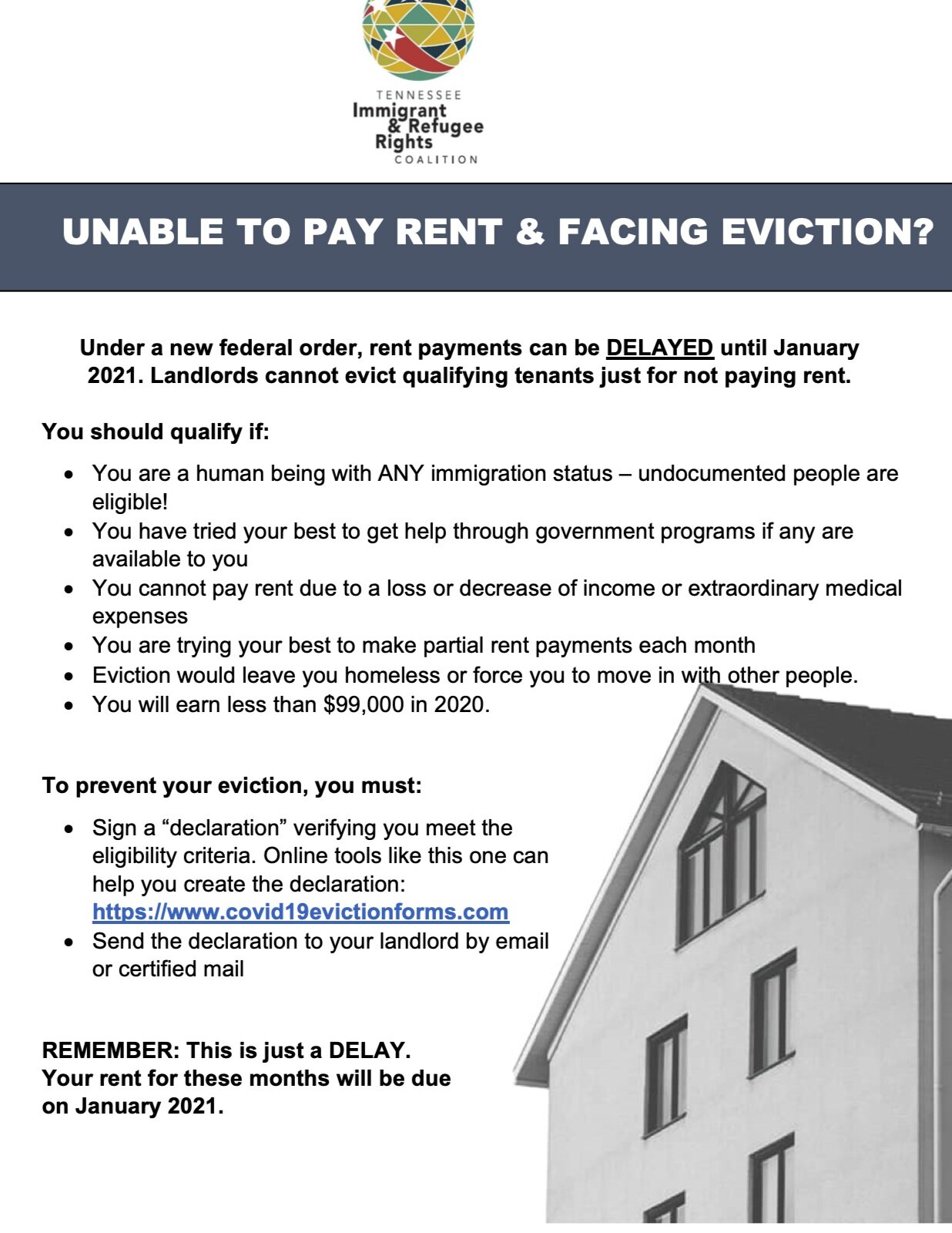 Unable To Pay Rent & Facing Eviction? — Tennessee Immigrant & Refugee  Rights Coalition