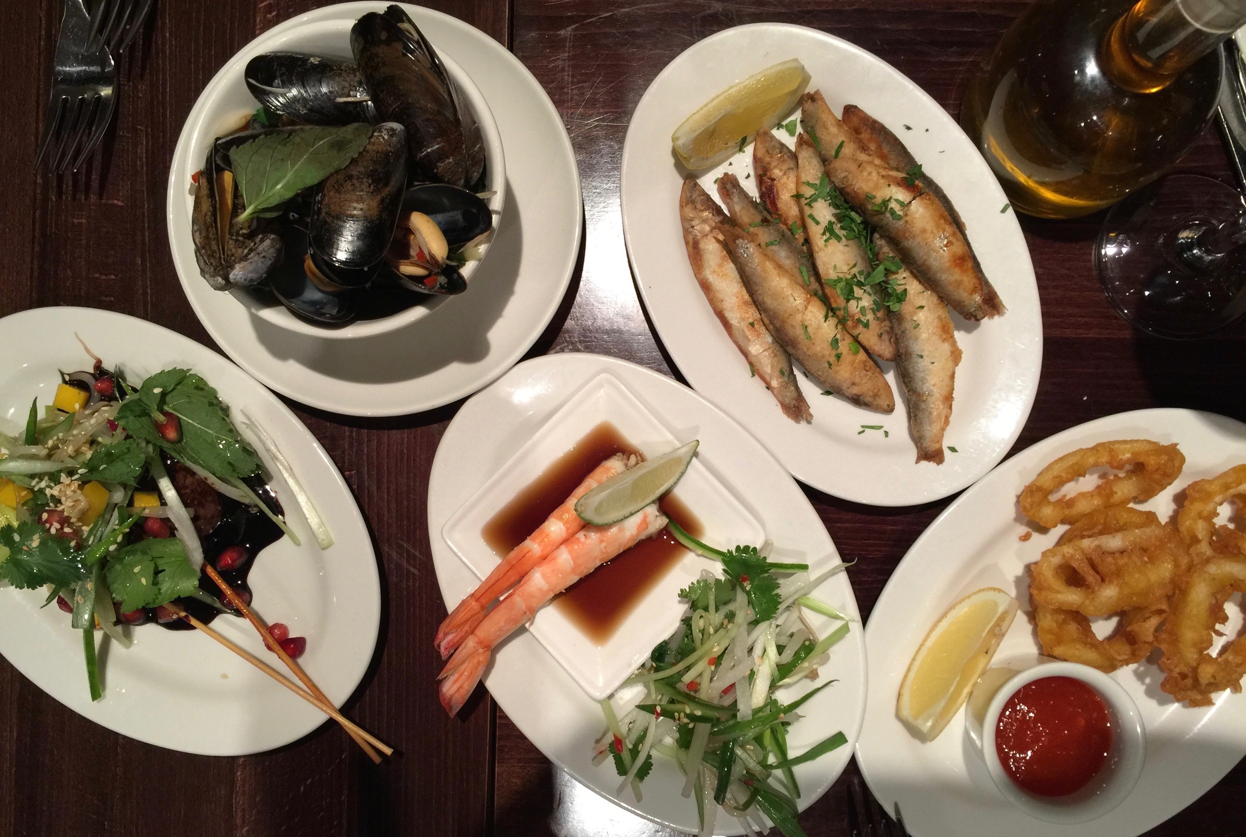 Webbe's offers small tasting dishes, so we shared Mussels with lemon grass, chili and coriander; Fried Sardines; Tempura battered calamari with chili jam; Prawns with soy & Thai salad; and Beef skewers with tamarind, soy sauce, pomegranate & mango salad.