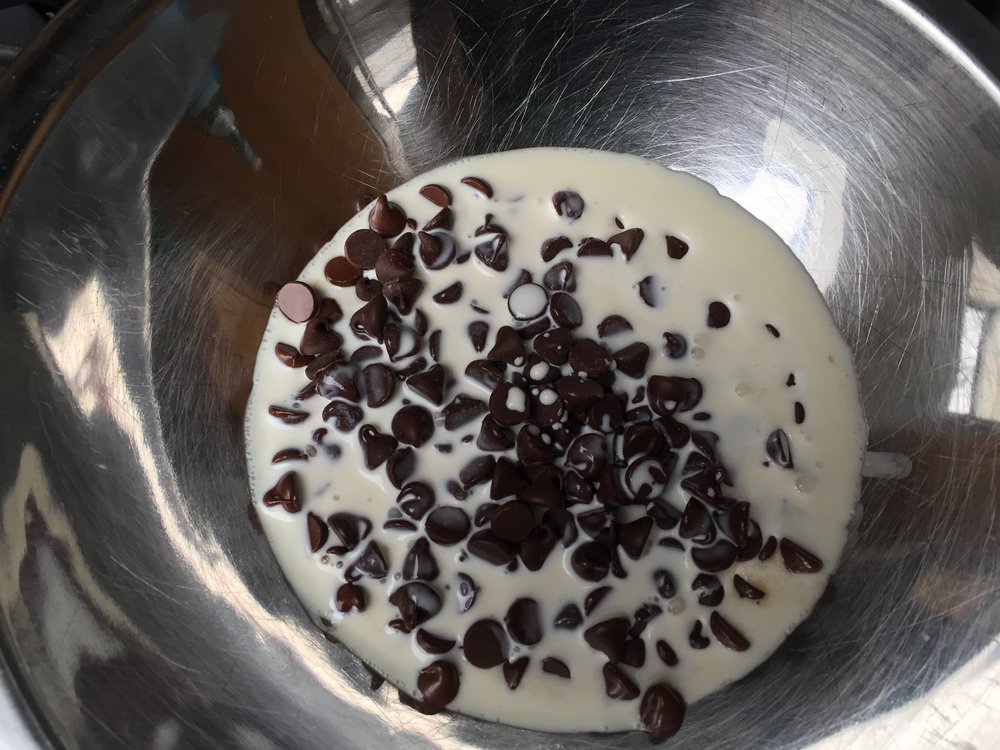 For ganache - heat cream & chocolate chips in a double boiler.