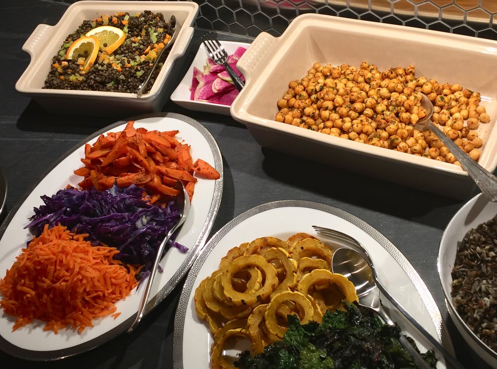 Puy French lentils, spiced chickpeas, delicata squash and carrots & red cabbage.