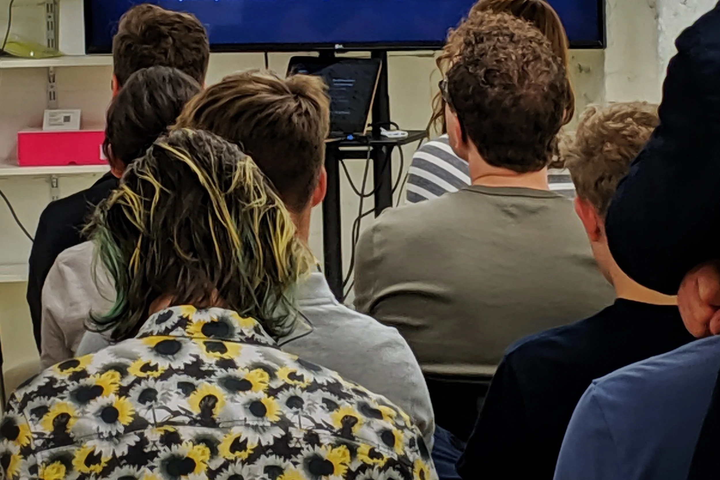 I forgot to take a picture of the pizza boxes. So, here’s a picture of manly backs instead.