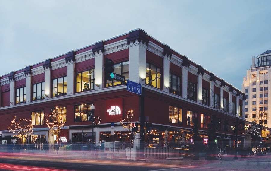 The historic Mode Building , following renovations; featuring the LEED Gold certified The North Face store