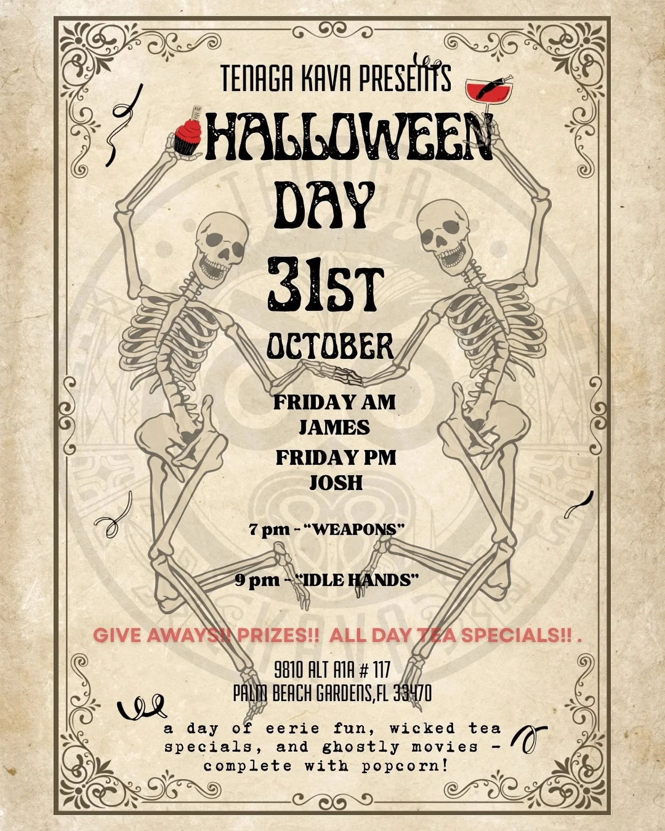 🎃 Tenaga Kava presents :  Halloween 2025 🎃 JAMES is on the AM shift followed by JOSH for the PM. 

🎞️Join us for two THRILLING shows: &ldquo;Weapons&rdquo; at 7 PM &amp; &ldquo;Idle Hands&rdquo; at 9 PM. Enjoy free popcorn + tea specials all day! 
