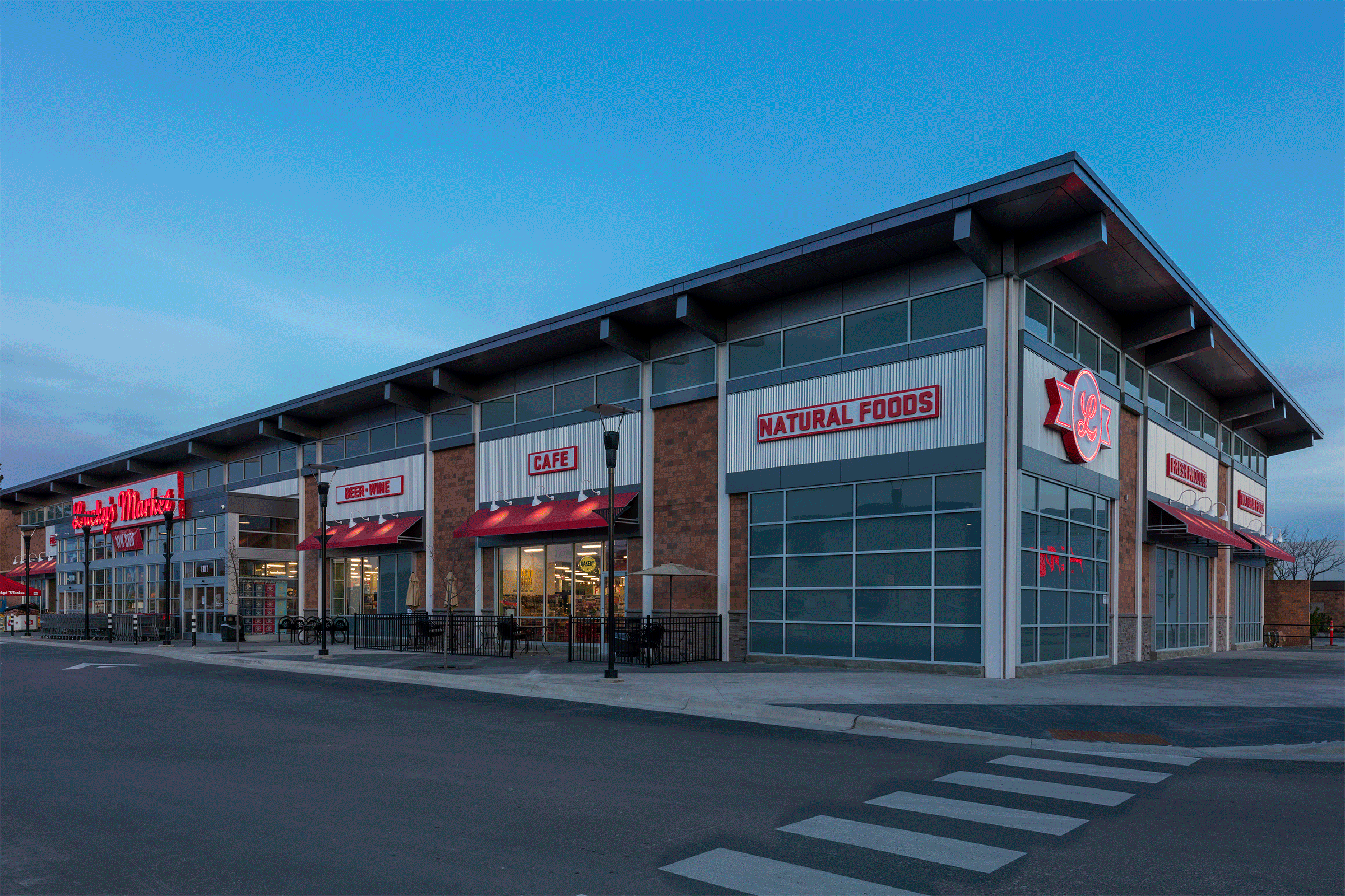 lucky market exterior at night being lit up with photoshop, minneapolis digital retouching