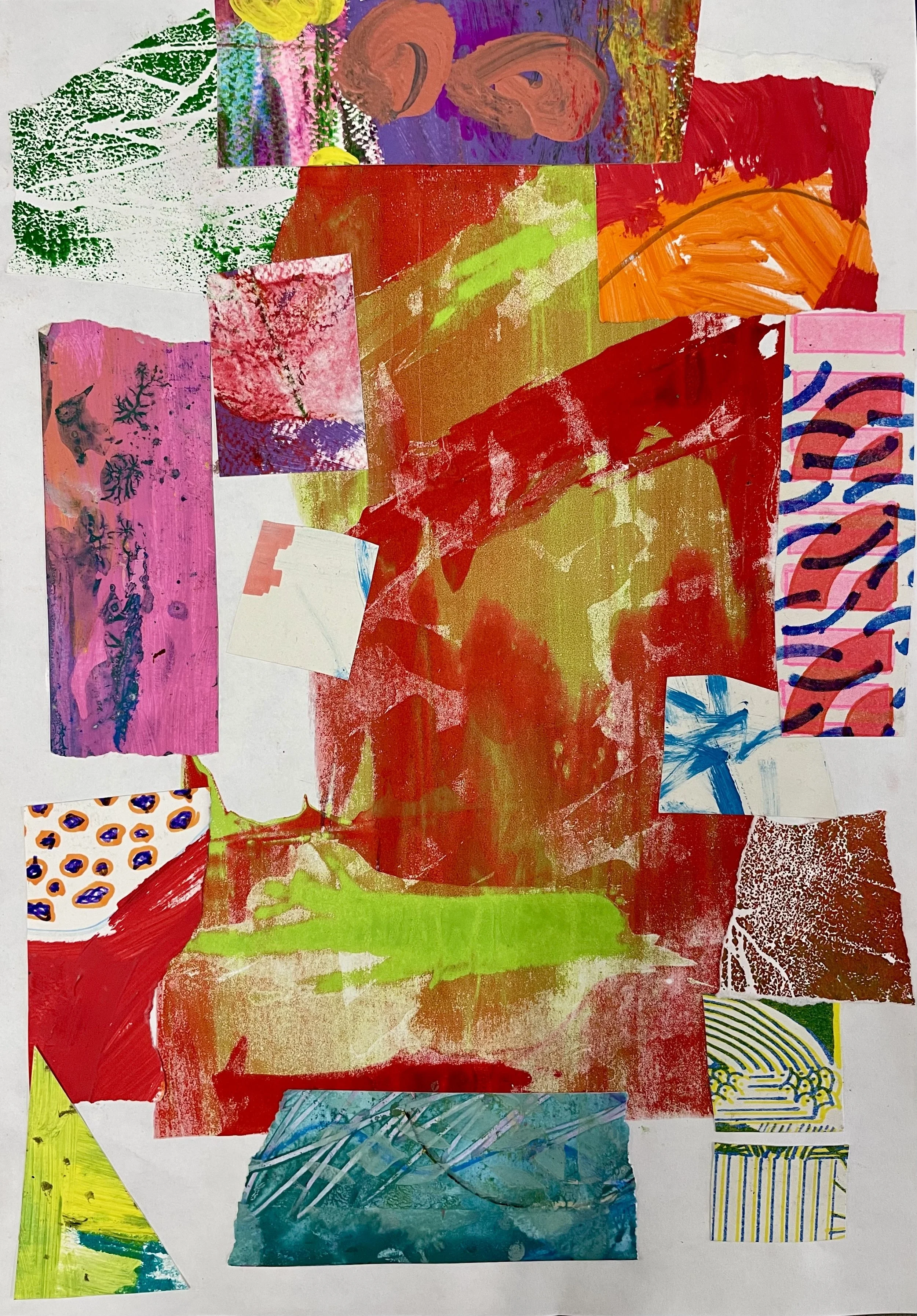 A collage of various colorful abstract paintings and prints on paper, featuring brush strokes, patterns, and textures.
