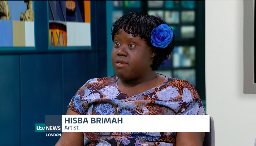 Hisba appearing live on ITV news to promote an inclusive exhibition at Fold Gallery