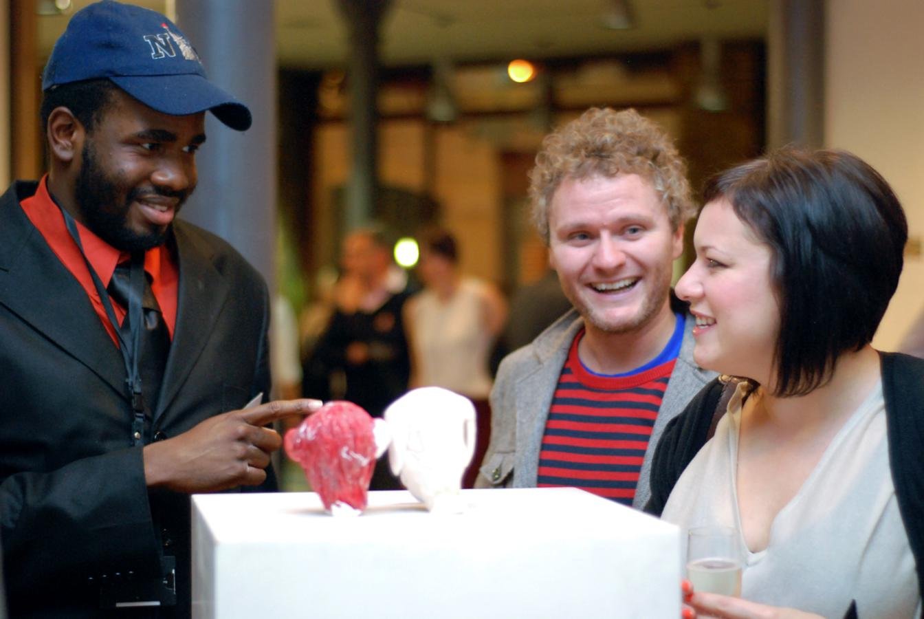 Visitors at our first exhibition at Maria Manetti Shrem Gallery Studios, Shoreditch chatting to Artbox artist Joel