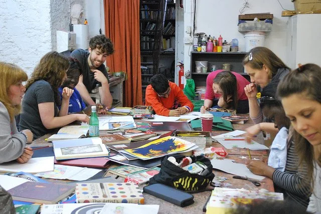 Artists creating art alongside volunteers in our second shared studio at the Islington Arts Factory