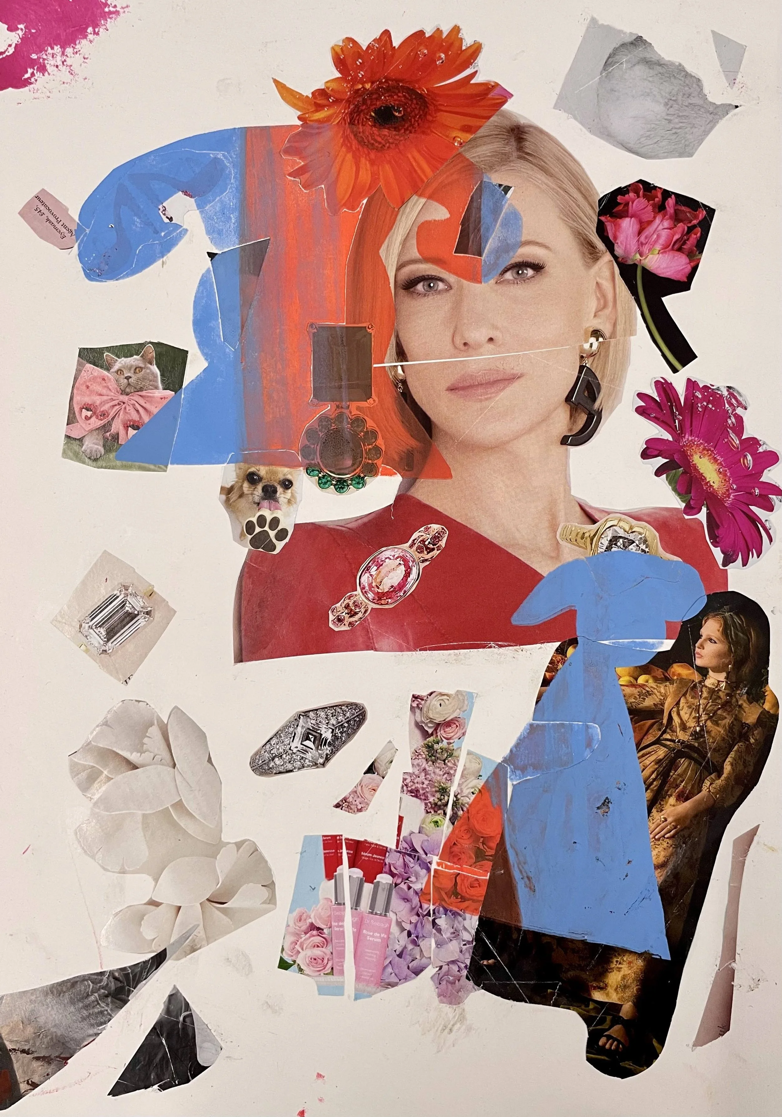 Collage of cut-out images and magazine clippings over a woman’s portrait, featuring flowers, jewelry, a cat, a puppy, and fashion items.