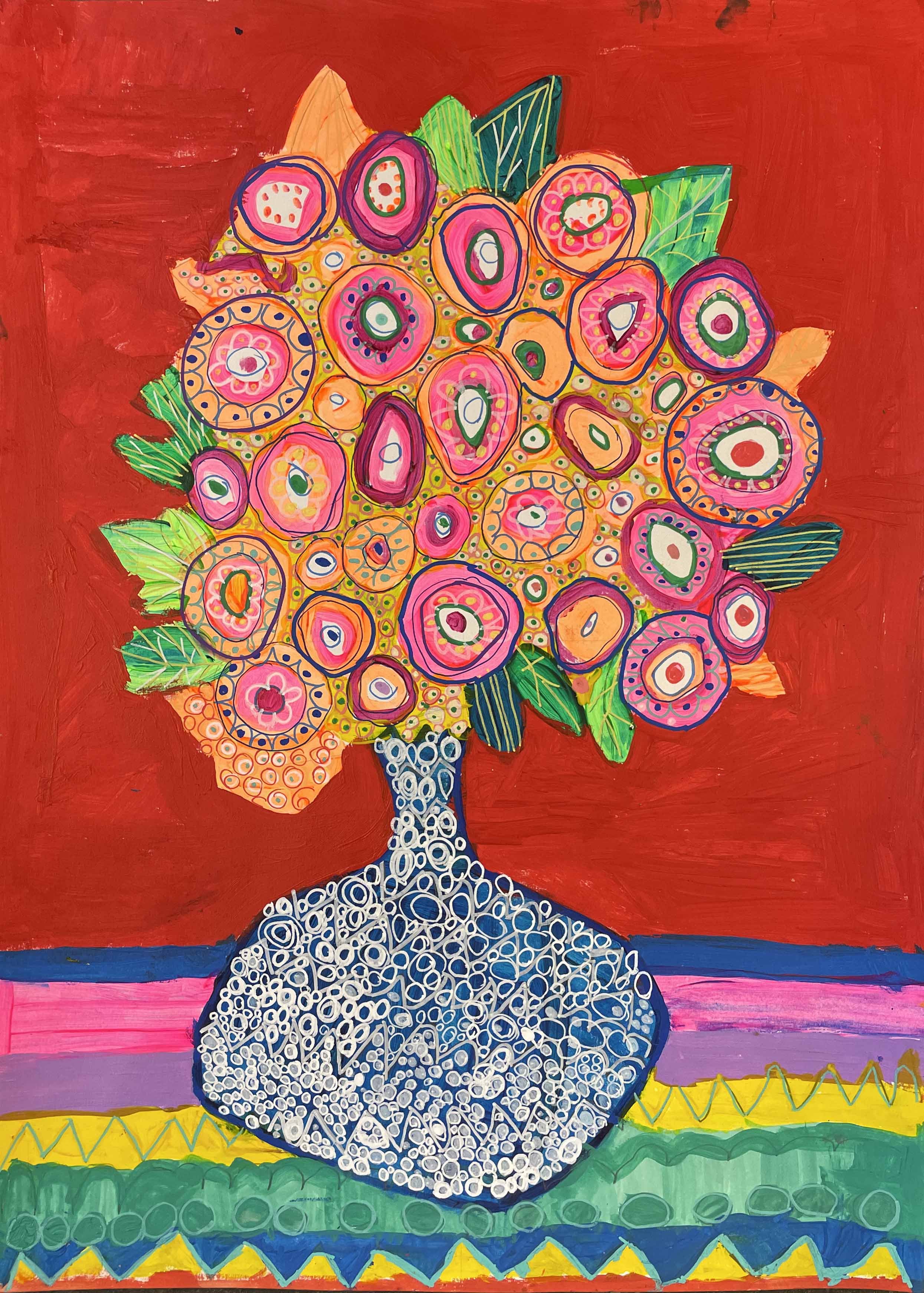 Shine - Blue Vase, Pink Flowers