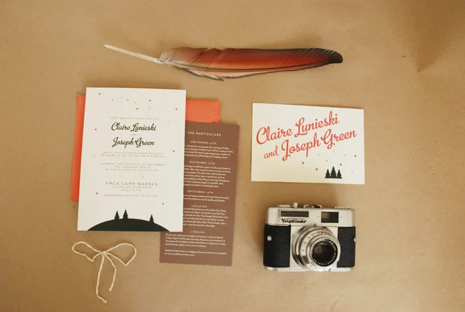 Invitation & insert designs for a camp-themed wedding.