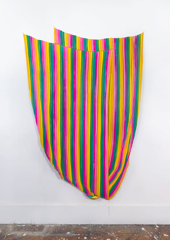 Grand Amusement, 2014, Dye, UV absorbent lacquer on plywood with nylon cord and wire. 85 x 60 inches.