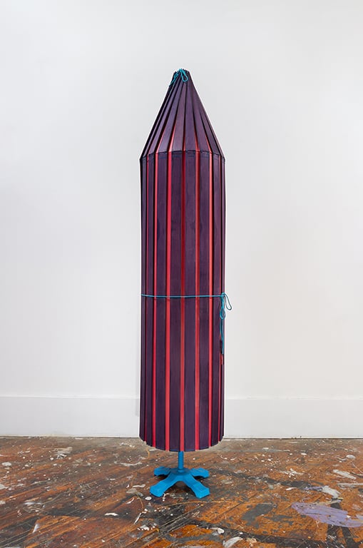 Blue-pink Hut, 2015 Dye, UV absorbent lacquer, plywood, particle board, urethane plastic, nylon cord. 16 x 16 x 84 inches.