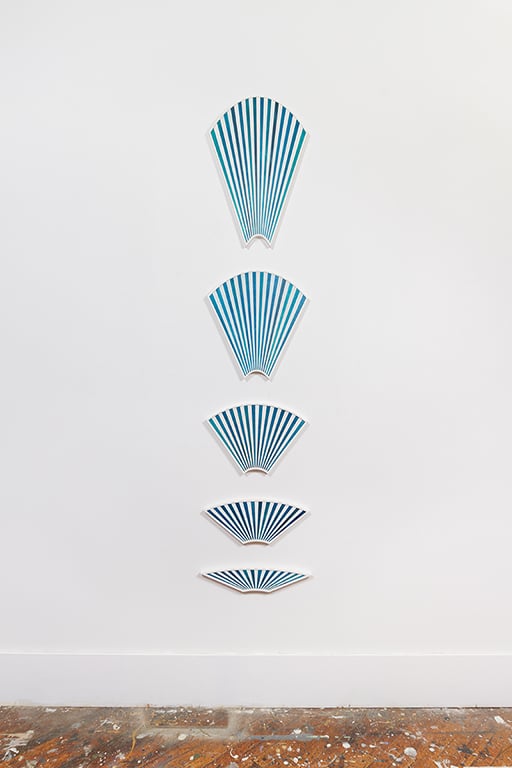 Fan installation; F No. 2, Fn No. 2, Fan No. 15, Faannn No. 2, FFaaannnn No. 2, 2015 Dye, acrylic, UV absorbent lacquer, plywood.