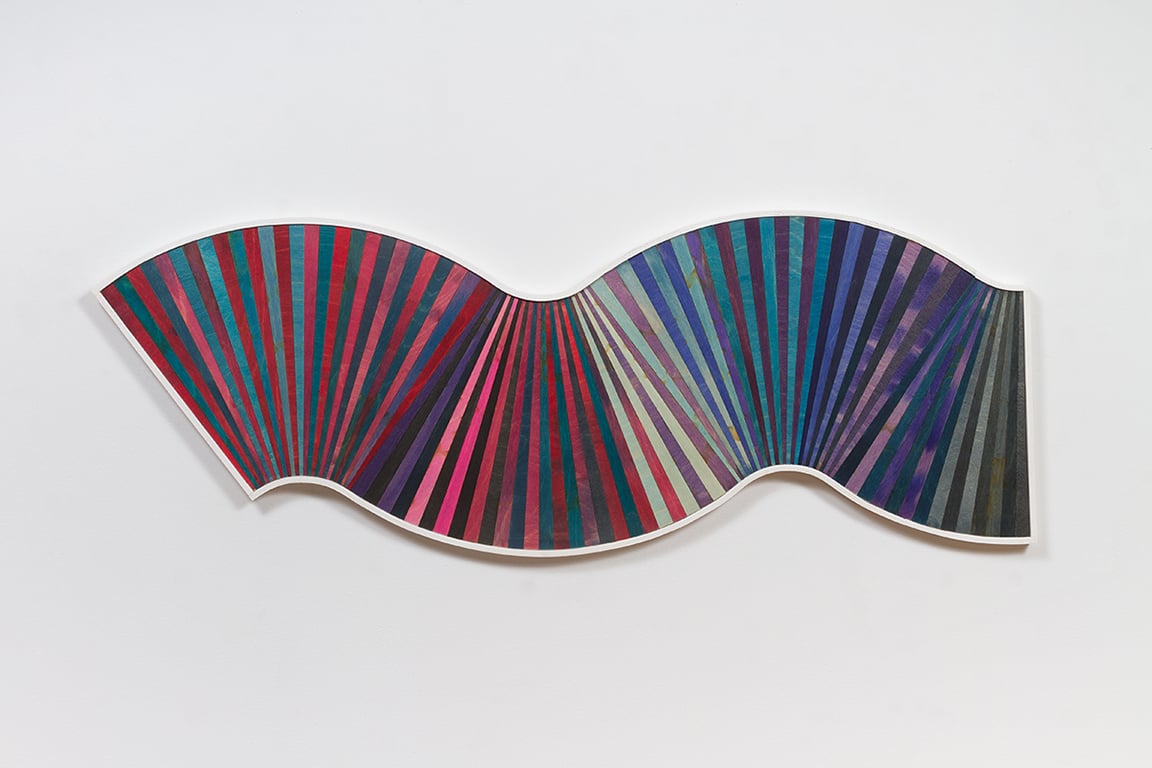 to Fan No. 3, 2015 Blue-pink Hut, 2015 Dye, acrylic, UV absorbent lacquer, plywood.