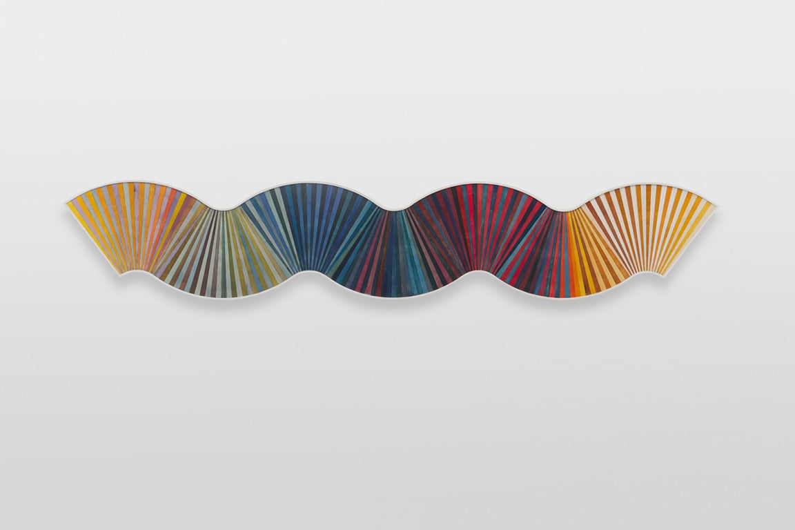to Fan No. 2, 2014. Dye, UV resistant lacquer on plywood. 20 x 88 inches.
