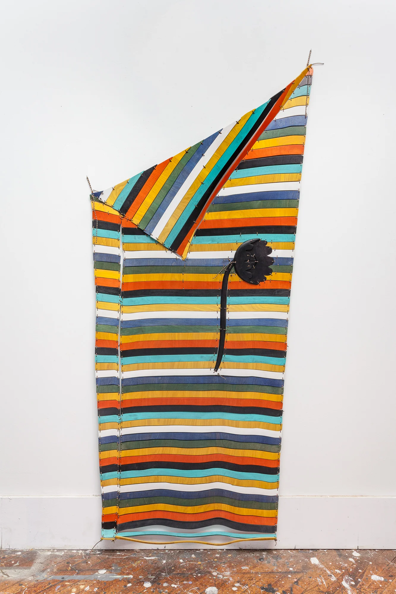 Aster Scenery, 2018 Acrylic, stain, furniture finish on maple plywood with nylon rope. 88 x 40 inches.