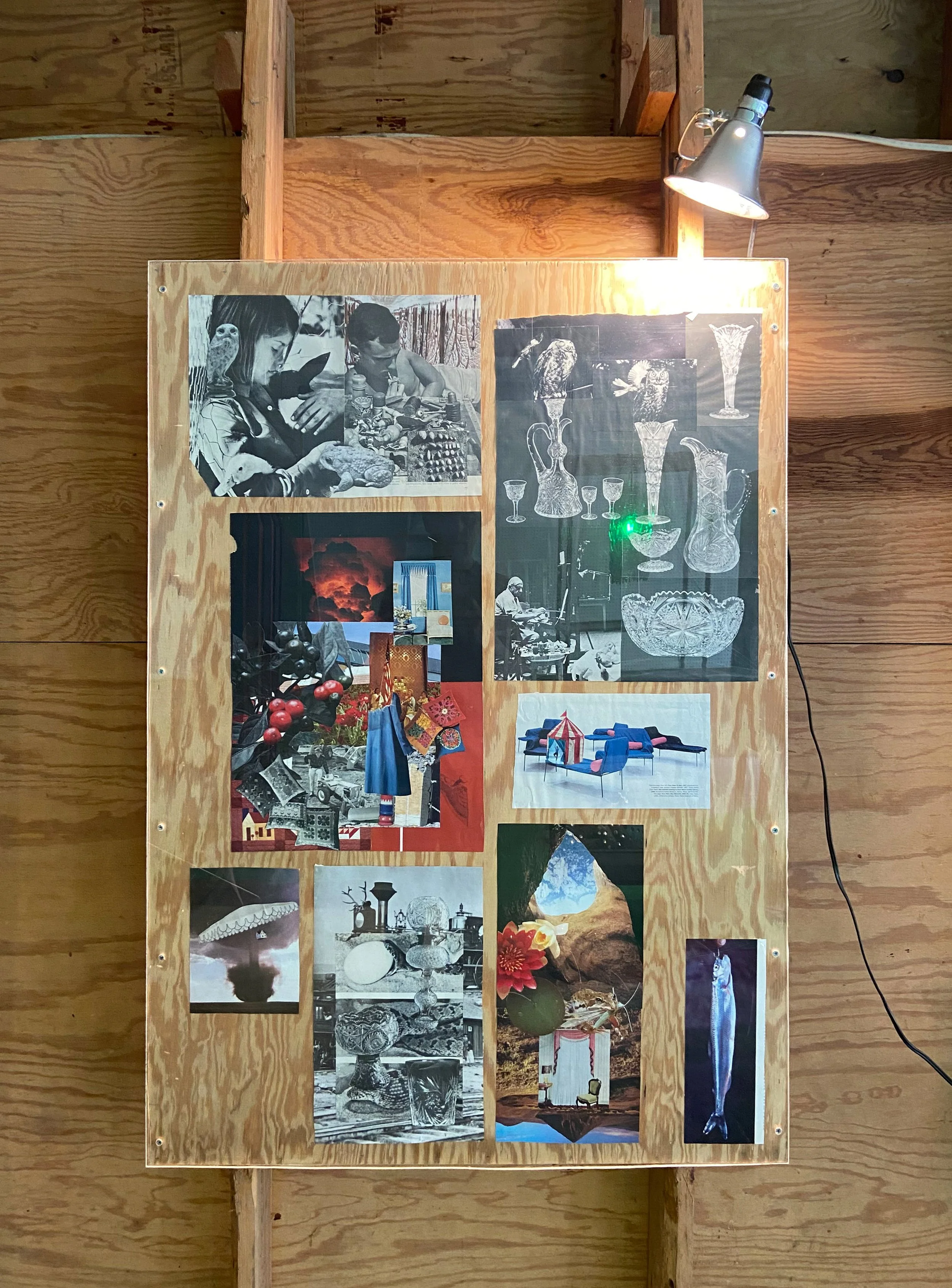 Leavings, 2025 collage on plywood with plexiglass. 36 x 48 inches