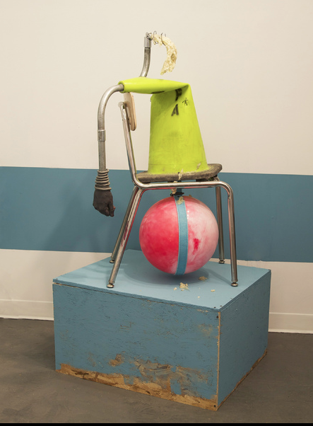  femme fatale, 2014  Suggesting a reclining figure or branches this mash up of found and handmade, organic and industrial, fragile and indestructible, is both alluring and repulsive and appears to have made itself.  child's chair, construction cone, 