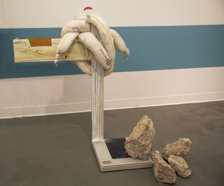 strangle hold &nbsp;:  The piece of granite is holding it all upright.&nbsp;  dresser drawer, plastic bottle, scale, granite. 40 x 44 x 29 inches. &nbsp;2014 