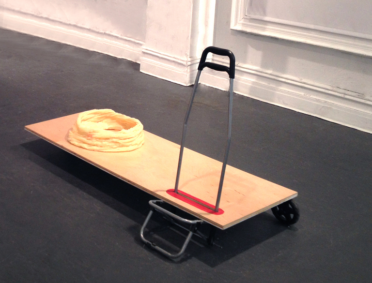  nesting objects &nbsp; ;  Stretching the rules, molds were taken of wire bundles that resembled vines. &nbsp;Twisted in a circle, they become an orifice and counterbalance to the disassembled cart rupturing a found wooden plank. &nbsp;A cast metalli